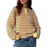 Women Y2k Striped Polo Sweatshirt Color Block Knitted Pullover Lapel Sweater Oversized Ribbed Jumper Tops