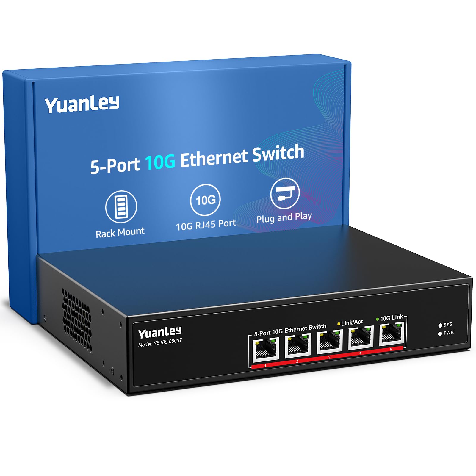 Photo 1 of YuanLey 5 Port 10G Ethernet Switch, 5 x 10Gbps RJ45 Ports, Support 10G/5G/2.5G/1G/100Mbps Speed Auto-Negotiation, 100Gbps Switching Capacity, Unmanaged Switch Rackmountable, Plug and Play