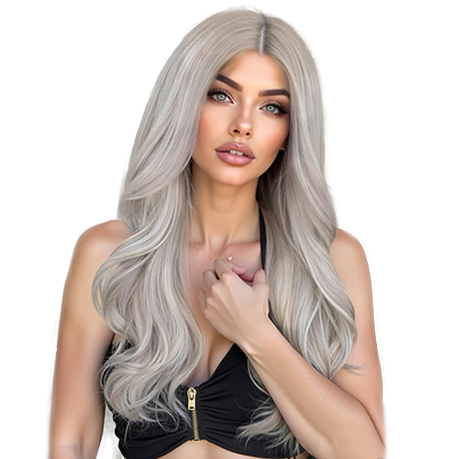 Silver Grey Wigs for Women Long Wavy Synthetic Lace Front Wig Gray Silver Real Hair Wig Handmade Glueless Front Lace Wig Natural Hairline Heat Resistant Hair Drag Cosplay Daily 24 Inches Wigs — image 1