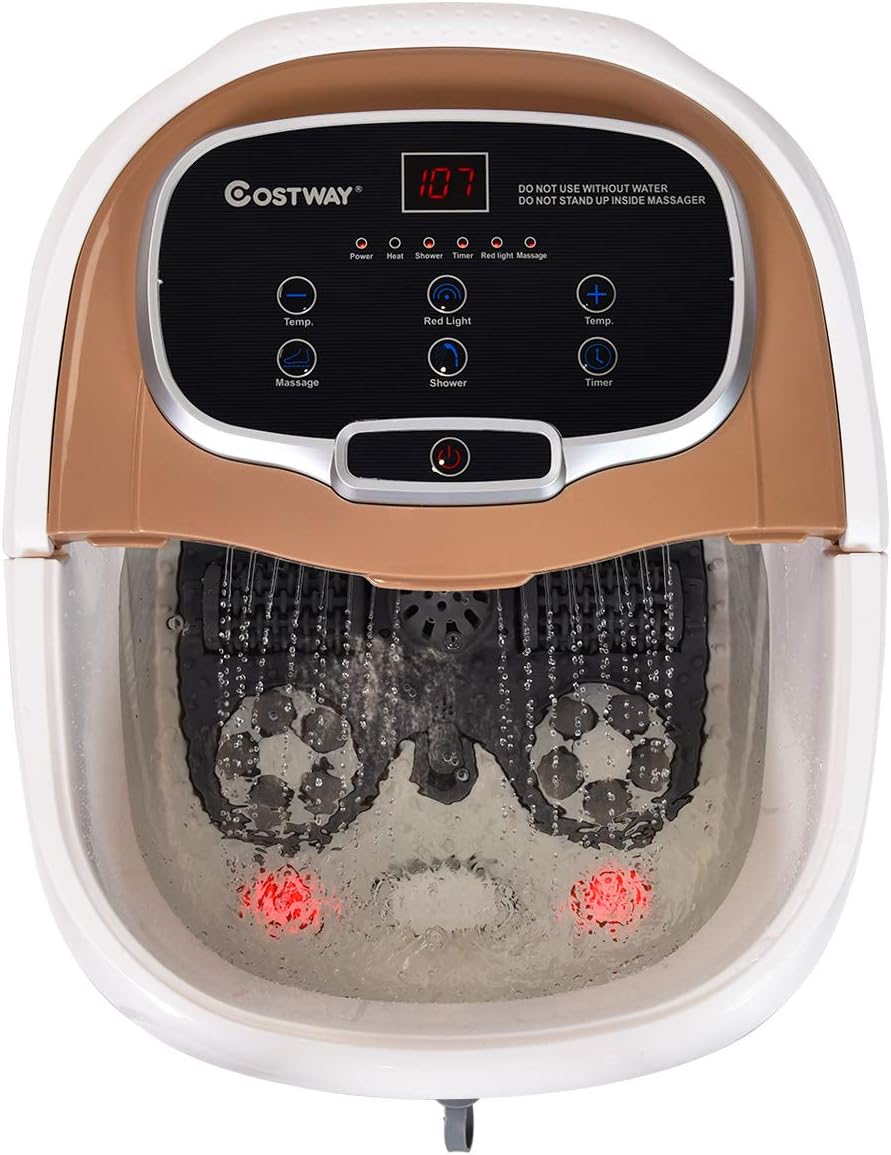 COSTWAY Foot Spa/Bath Massager, with Motorized Rollers, Shiatsu Massage, Shower, Heat, Red Light, Temperature Control, Timer, LED Display, Drainage Pipe for Foot Stress Relief (Coffee)