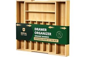 ROYAL CRAFT WOOD Luxury Bamboo Kitchen Drawer Organizer - Silverware Organizer - Utensil Holder and Cutlery Tray with Grooved Drawer Dividers for Flatware and Kitchen Utensils (9 Slot, Natural)