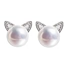Mothers Day Gift Earrings, Meow Star 925 Sterling Silver Cat Ear Stud Earrings Freshwater Pearl Studs Cubic Zirconia Earrings for Cat Lovers
