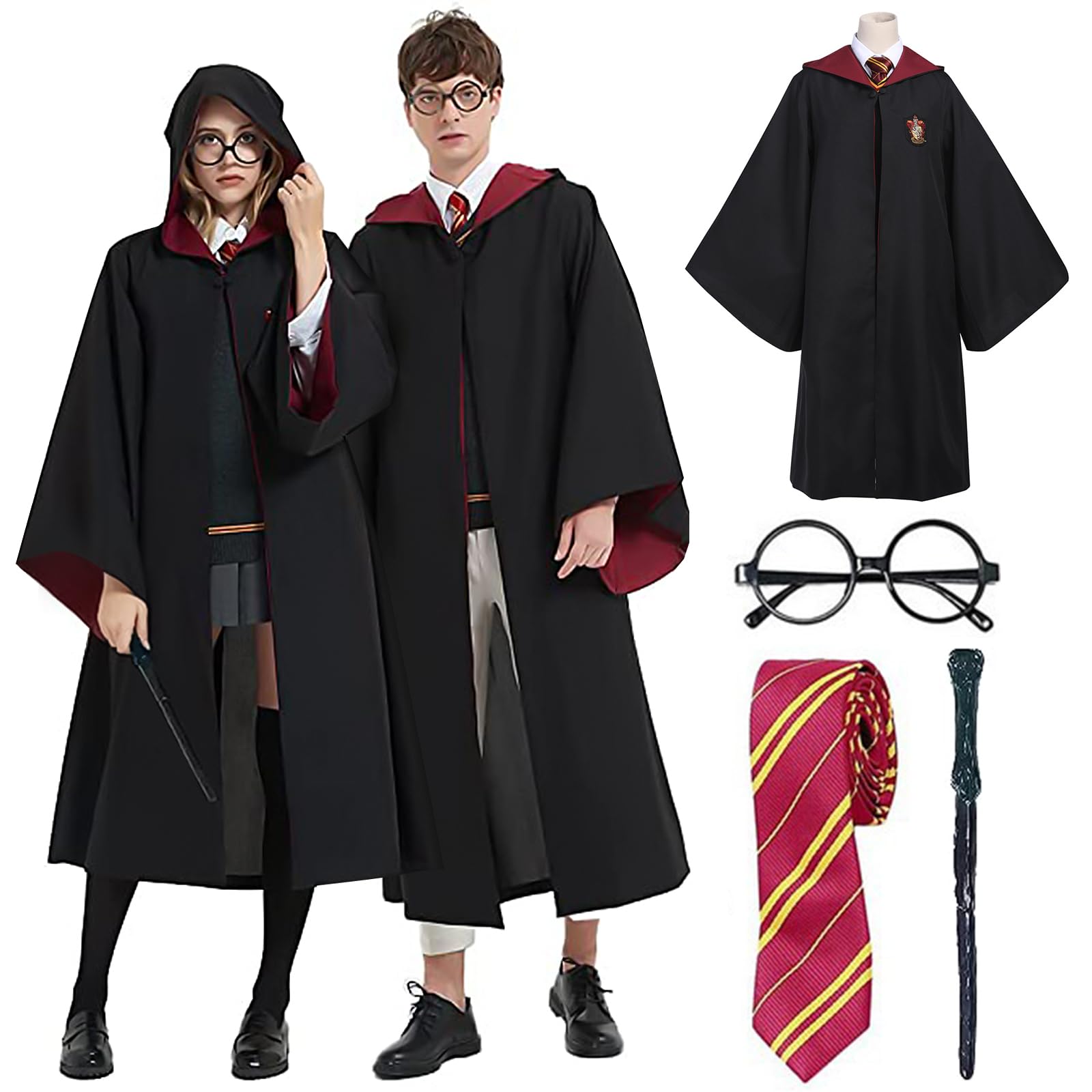 Bocguy Magician Robe, Fancy Dress Cape with Tie, Wand and Glasses, Magic Robe Costume Adult, Red Magic School Uniform, Wizard Costume for Halloween Carnival Cosplay(M)