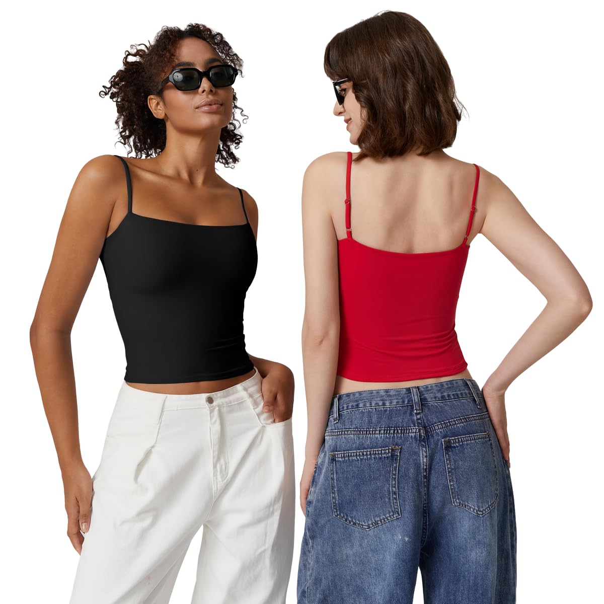 QINSEN Women's Double Lined Basic Tank Top Adjustable Spaghetti Straps Sleeveless Camisole Shirts