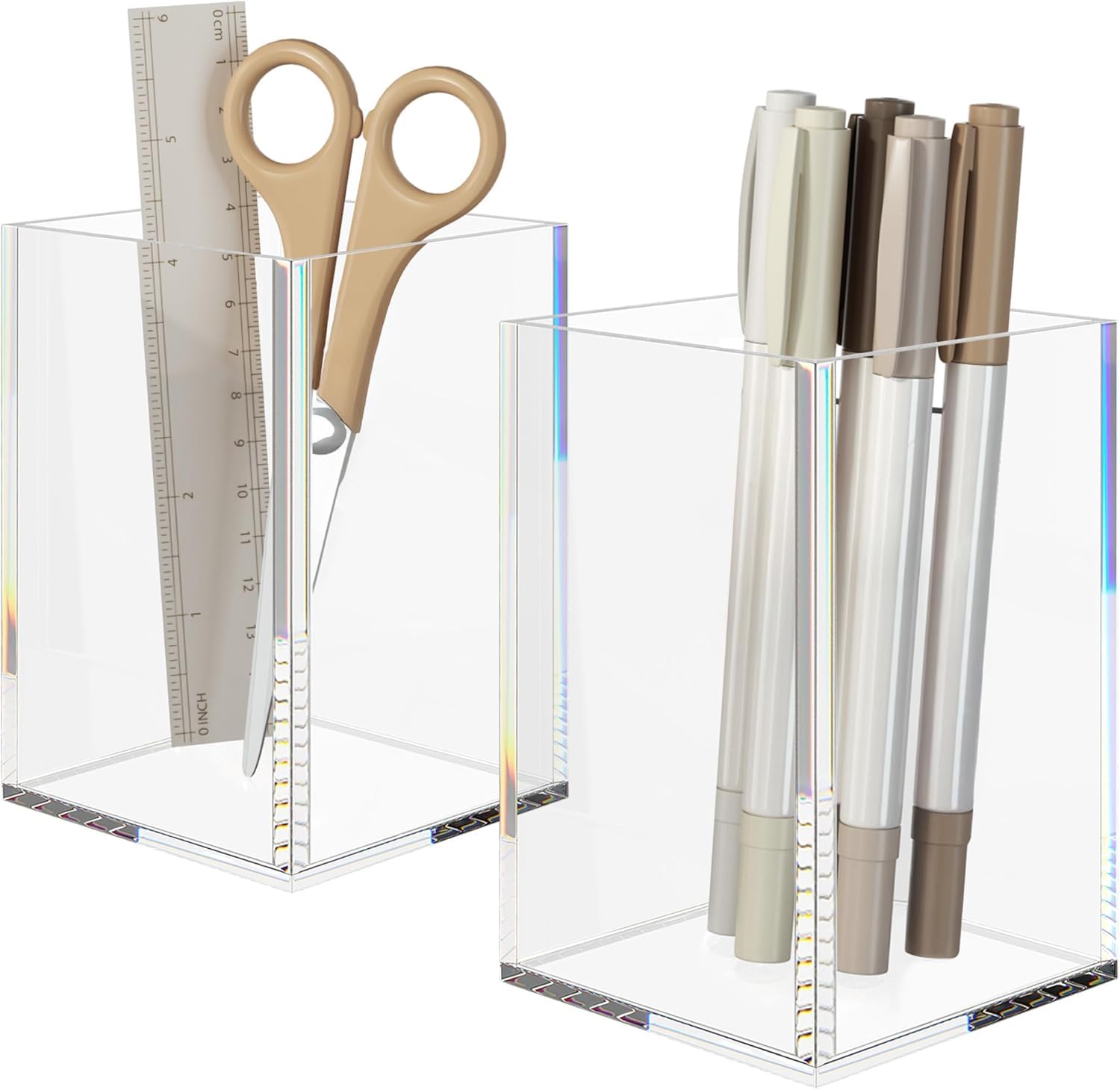 HIIMIEI Acrylic Pen Holder, 2 pcs Clear Pen Pot for Pen Marker Ruler Eraser, Makeup Brush Holder Cosmetic Organizer 3''x3''x4.4''