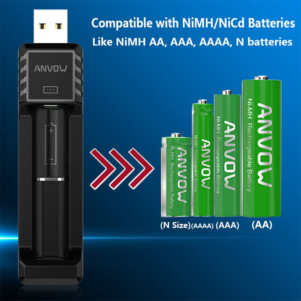 ANVOW Smart AAAA Battery Charger with 2 Counts Rechargeable AAAA Batteries - Ni-MH 1.2V 400mAh 1200 Cycles Surface Pen Active Stylus Rechargables Battery