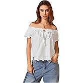 OYOANGLE Women's Summer Tie Front Tops Lettuce Trim Tee Shirts Cute Aesthetic Babydoll Top Cap Sleeve Scoop Neck Flowy Shirts