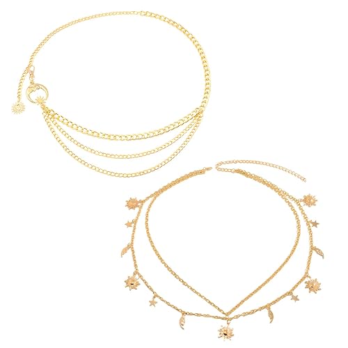 2-Pack Gold Chain Belts for Women, Multilayer Moon Pendant Adjustable Waist Chain, Gold Color Alloy Belly Chain Jewelry Fits 45-105cm Waist, Boho Hip Chain for Festival, Party, Dresses, Jeans