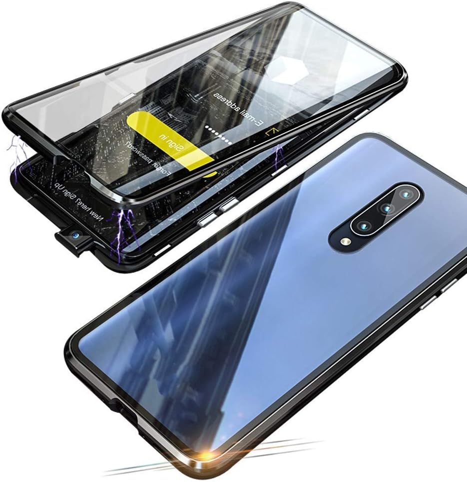 Compatible for Xiaomi Mi 9T (6.39") Case Flip Cover Magnetic Adsorption Technology Metal Frame Transparent Front and Back Tempered Glass Ultra thin 360 Degree Fully Body Screen Protective Case,Black