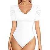 MANGOPOP Women's Bodysuit Deep V Neck Puff Short Sleeve Slim Fit Body Suits Casual Blouse Tops Elegant