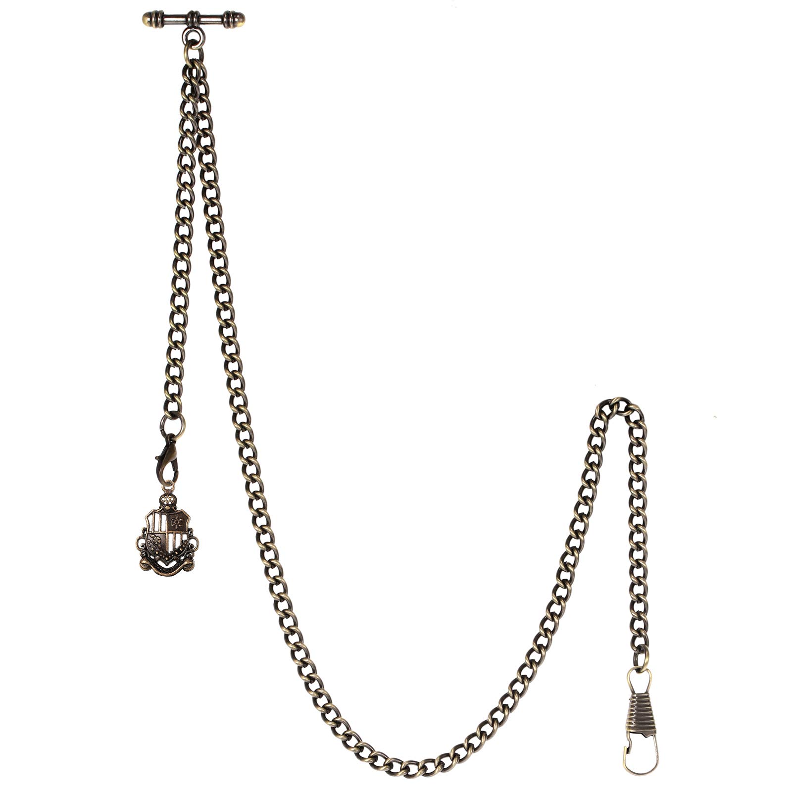 TREEWETO Men's Albert Chain Pocket Watch Curb Link Key Chain 2 Hooks with Antique Shield Bronze Pendant Design Charm Fob T Bar