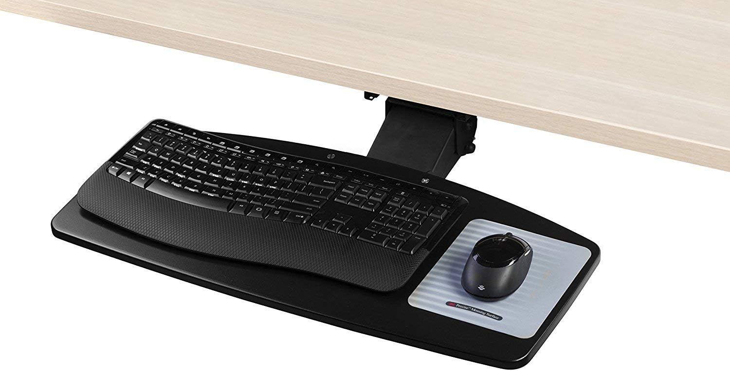 Knob Adjust Under Desk Keyboard Tray by NYCCO, Adjustable Spill and Impact Resistant Platform with 3M Precise Mouse Pad, 17-inch Track - Black