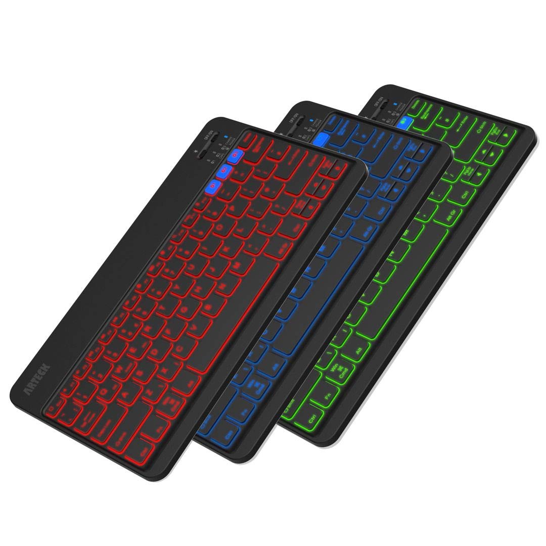 Arteck HB220B Universal Backlit 7-Colors & Adjustable Brightness Multi-Device Slim Portable Wireless Bluetooth 3.0 Keyboard for iOS, Android, Windows Tablet PC Smartphone Built in Rechargeable Battery