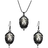 LOOKLITE Gothic Crow Necklace and Earrings Set for Women,Dark Crystal Cameo Crow Pendant Necklaces Mystic Witch Jewelry Set Punk Glass Teardrop Emboss Earring Halloween Costume Accessories