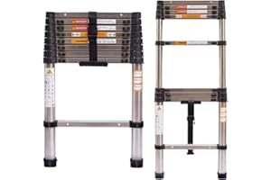 DICN Newest Stainless Steel Telescoping Ladder 8.5FT Heavy Duty Telescopic Extension Ladder Portable Collapsible Ladder 330lb Max Load for Home Maintenance Window Cleaning Garden Work Access Attic Loft