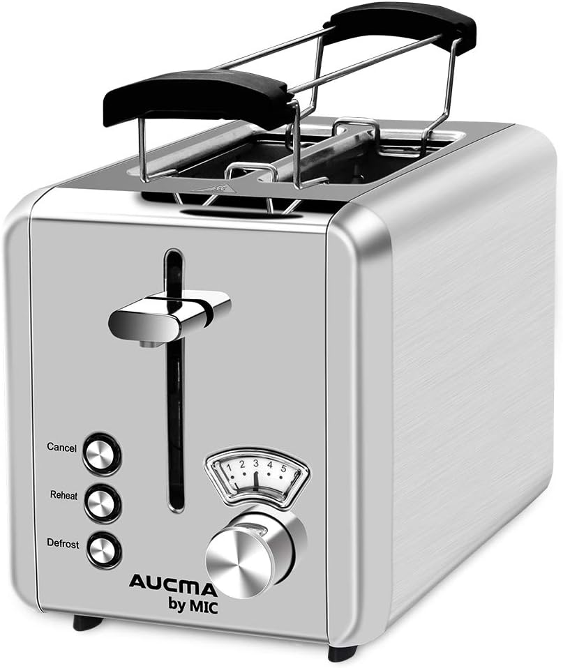 Toaster 2 Scheiben 825 W Brötchenaufsatz Testsieger Edelstahl 6 Einstellbare Bräunungsstufen 3 Funktionen Abbrechen/Aufwärmen/Auftauen Brot Toaster High-Lift, Silber