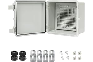 HoHaing Junction Box IP65 Waterproof Electrical Box Outdoor ABS Plastic Project Box Hinged Shell Universal Enclosure Box with Mounting Plate, Wall Brackets, Cable Glands 5.9" x 5.9" x 3.5"
