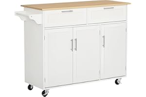HOMCOM 48" Rolling Kitchen Island, Kitchen Cart on Wheels with 2 Storage Drawers, 3 Door Cabinets and Towel Rack for Dining R