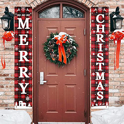 Merry Christmas Door Banners Porch Sign Hanging Banner Flag for Christmas Home Wall Indoor Outdoor Christmas Party Decorations