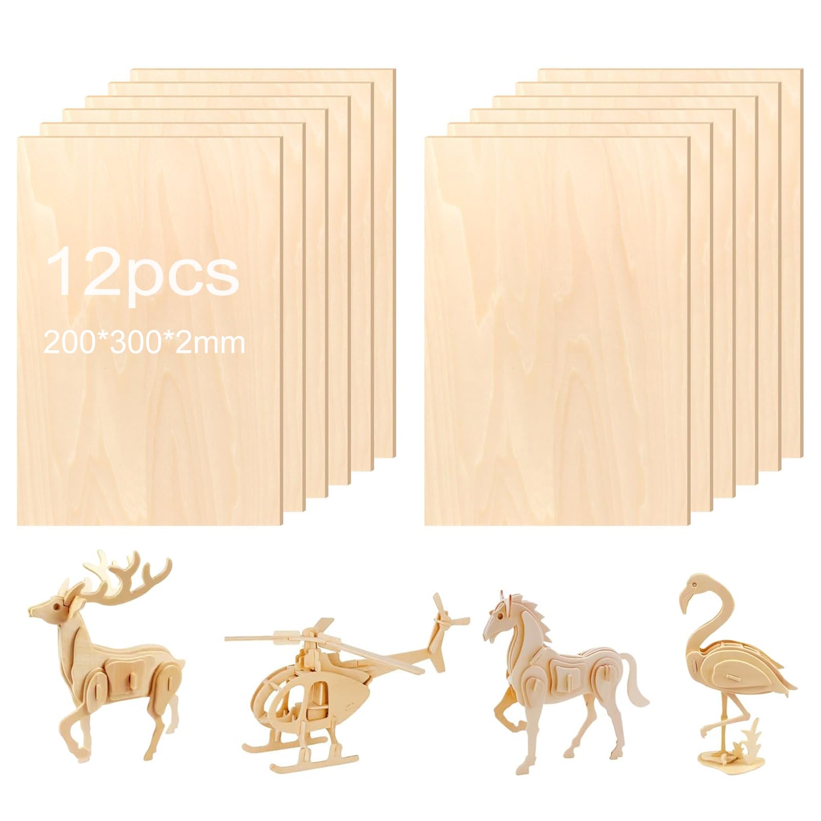 DeJivsin 12pcs Plywood Sheets 2 mm, Plywood Board 300 x 200 x 2 mm, Natural Unfinished Balsa Wood Panels, Thin Wood Cuts for DIY Model, Arts and Crafts, Paintings