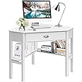 Tangkula White Corner Desk with Drawer, Storage Shelves for Computer, Makeup Vanity Desk for Small Space, 90 Degrees Triangle Desk