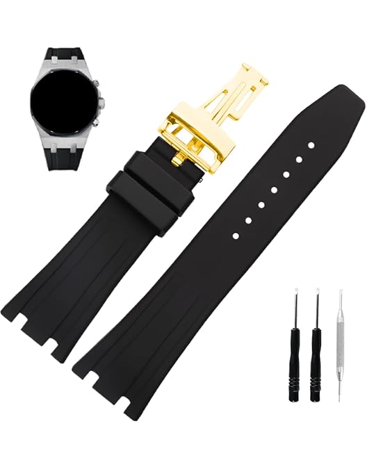 Cinturino In Gomma Nera 27mm Per Audemars Piguet Royal Oak 15400/15300 (39/41mm) - Chiusura Argento, Nuovo