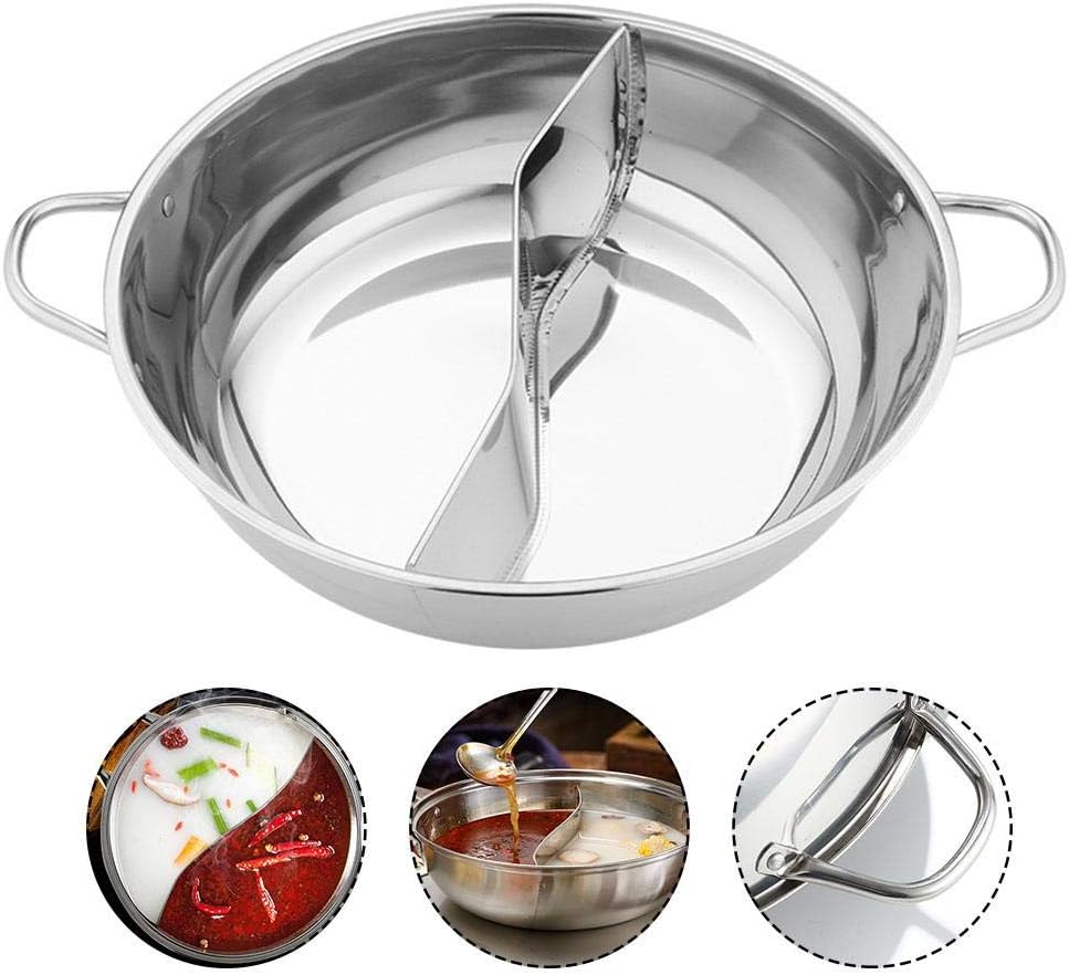 28/32/34cm Thick Stainless Steel Hot Pot,Two Flavor Separation Induction Cooker With Heatproof Practical Handle, Usable Safe For Induction Cooker, Gas Furnace, Electric Furnace（No Cover）