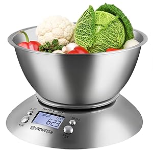 UNIWEIGH Digital Kitchen Scale for Cooking and Baking,Multifunction Food Scale with Removable Bowl 2.15l Liquid Volume, Room Temperature,Timer, Backlight LCD Display, Stainless Steel, 11lb/5kg