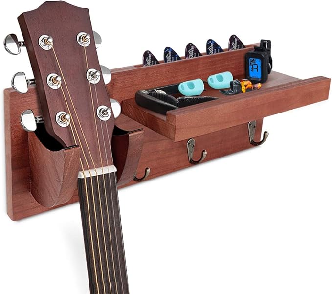 Guitar Wall Hanger, Guitar Stand with Storage Shelf and 3 Metal Hook