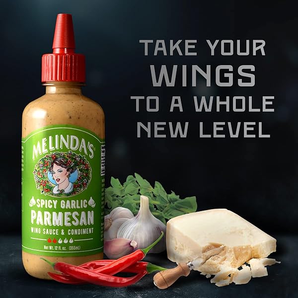 MELINDA’S SPICY GARLIC PARMESAN WING SAUCE – CRAFT GARLIC PARMESAN WING SAUCE WITH HABANERO PEPPERS, PARMESAN CHEESE, FRESH GARLIC – PERFECT FOR BUFFALO WINGS, PIZZA, PASTA – 12OZ, 1 PACK