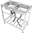 ZERNEIL 2-Tier Utility Laundry Sink, Kitchen Double Bowl Sink with Outlet Pipes Laundry Hand Washing Station Adjustable Height, Stainless Steel Freestanding Sink, No Faucet(32.7×17.3×30.3in)