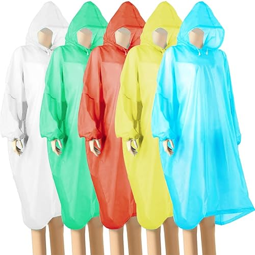 wehers 5 Pack Disposable Rain Ponchos - One Size Waterproof Emergency Raincoats for Adult With Hood and Sleeves Ideal for Festivals, Camping, Fishing, Theme Parks( 5 Colors)