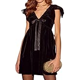 Muineobuka Women Christmas Cocktail Party Mini Dress Puff Short Sleeve V Neck Babydoll Dress Cute Bow Front Swing Dresses