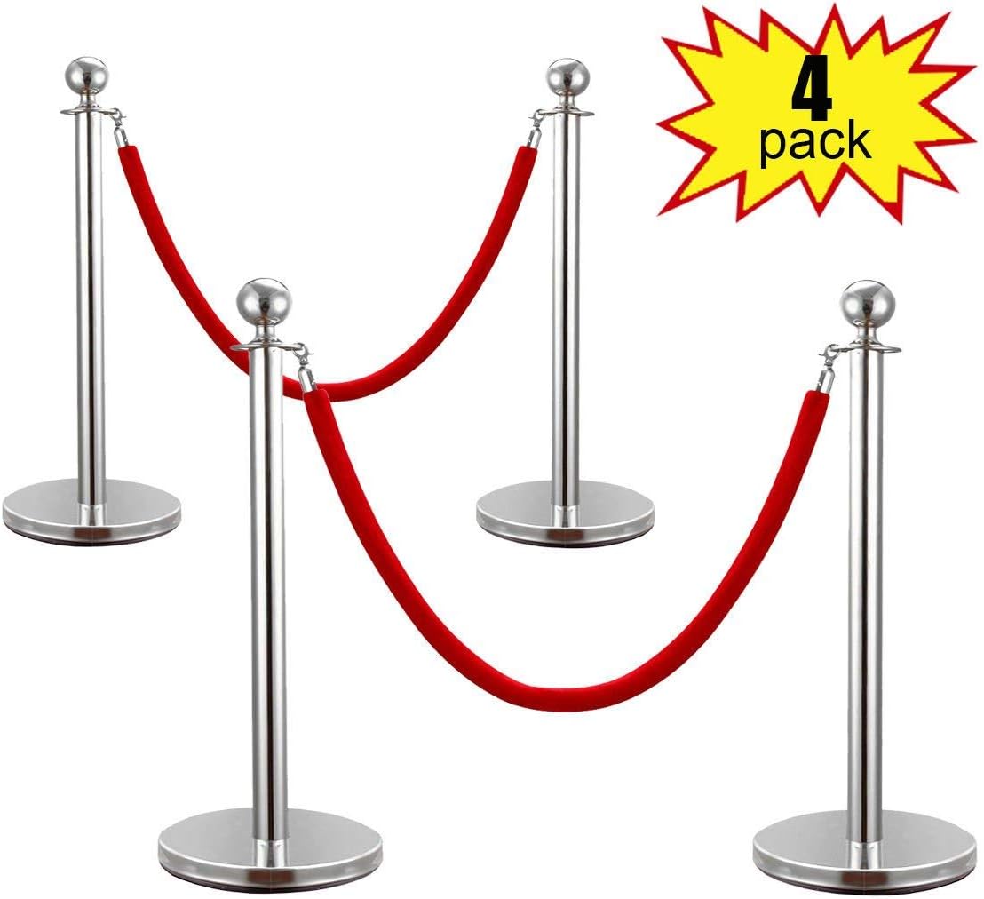 2 Sets Polished Round Top Stanchions Posts Queue Barrier with Red Velvet Rope by Pudgy Pedro's Party Supplies (Silver)