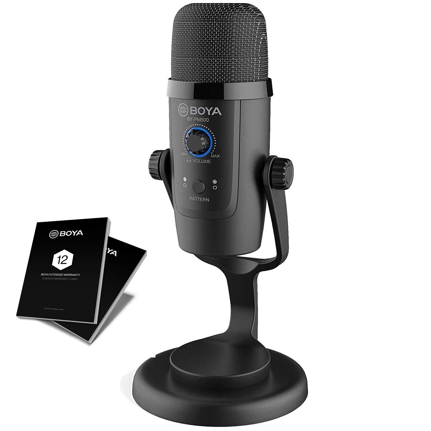 BOYA PM500 - USB Microphone for Recording and streaming on PC and Mac, 3 Condenser capsules, 2 Pick-Up Patterns, Headphone Output and Volume Control, Black + 12 Month Extended Warranty Card
