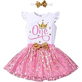 Fifiilyty Baby girl 1st birthday outfit Birthday printed one-piece top + ballet skirt + headband 3-piece set of clothes