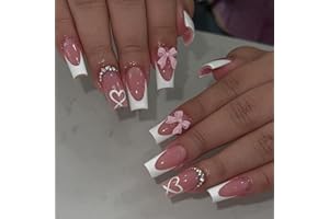 YKZFUI French Tip Press on Nails with Charms, Medium, Cute Bow, Long Square Shape, Acrylic Fake Stick On Nails with Heart and Rhinestones for Women Daily Wear, White