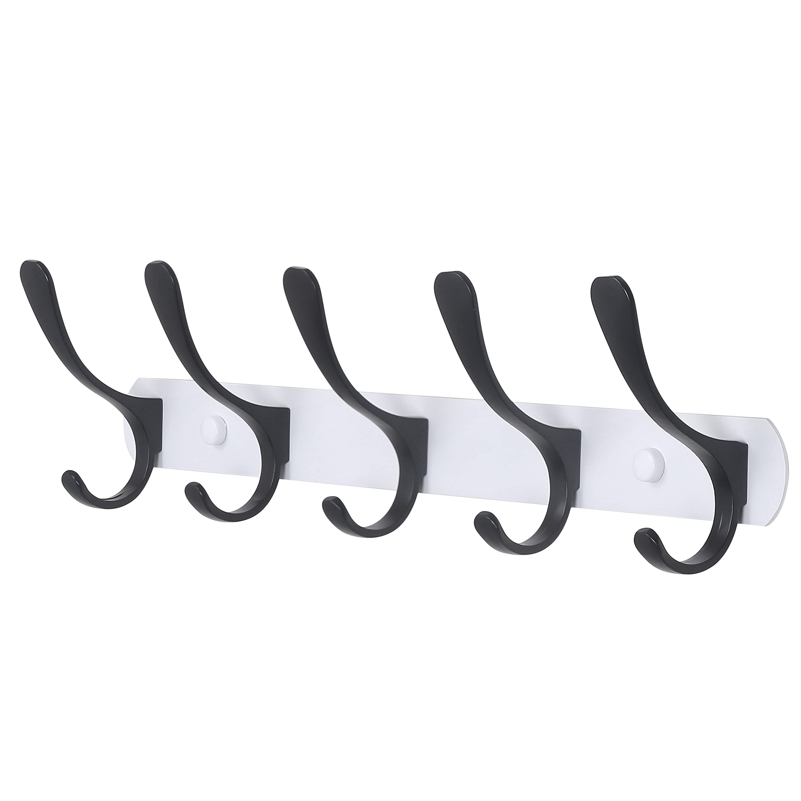 SKOLOO Modern Wall Coat Rack - Metal Mount With 5 Hooks, Sturdy Rail for Hanging Jackets, Clothes, Hats - Black on White