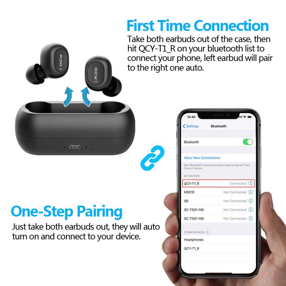 Wireless Earbuds, Tepoinn QCY Bluetooth 5.0 3D Stereo Sound True Wireless Earphones with Built-in Mic, Instant Pairing Noise Cancelling Headphones with Portable Charging Case for iPhone Android