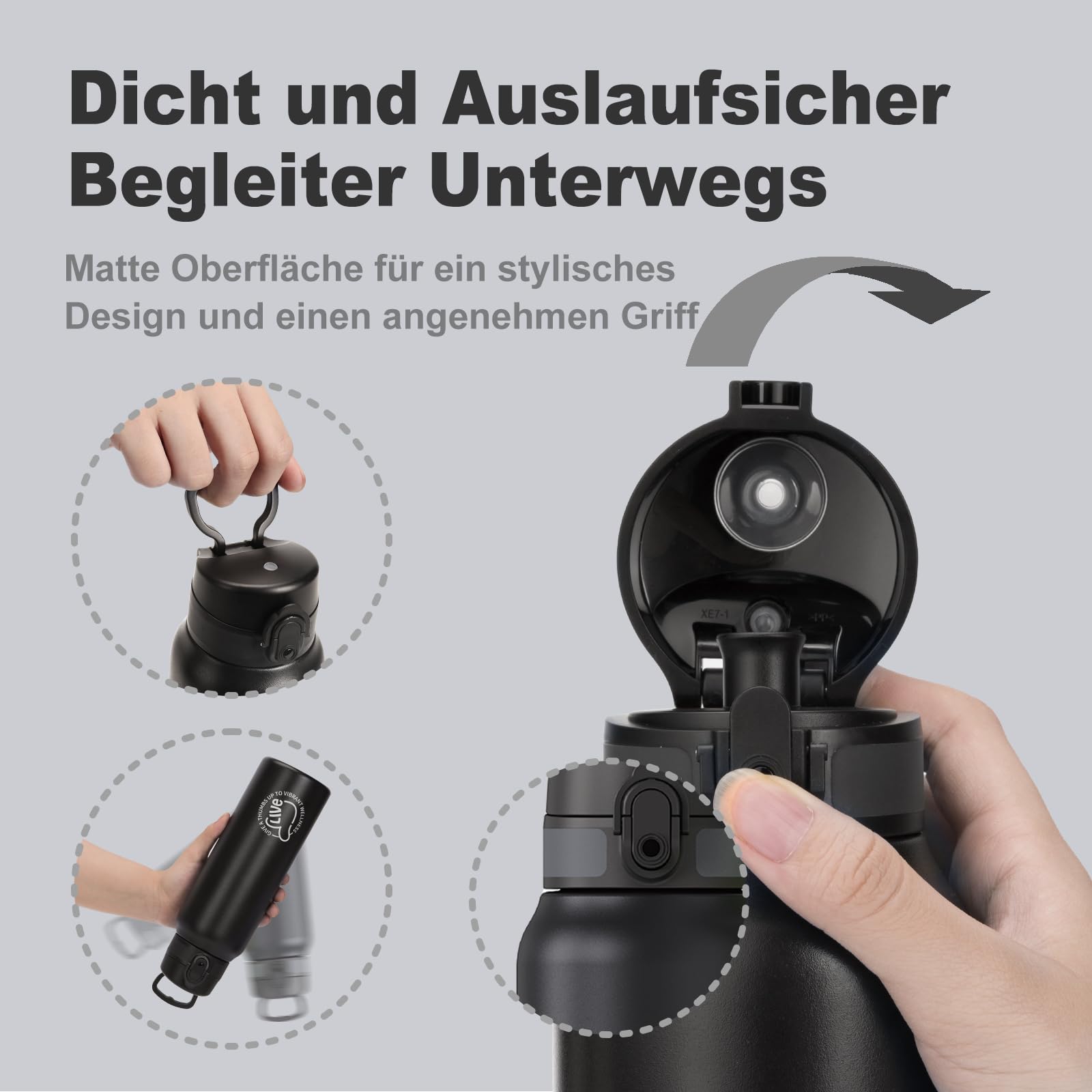 UZSPACE Edelstahl Trinkflasche 1l (970ml), Isolierte Thermosflasche mit 1-Klick-Öffnung, 100% Auslaufsicher, Sport Wasserflasche für Wandern Sport Fitness Gym Outdoor, Schwarz 2