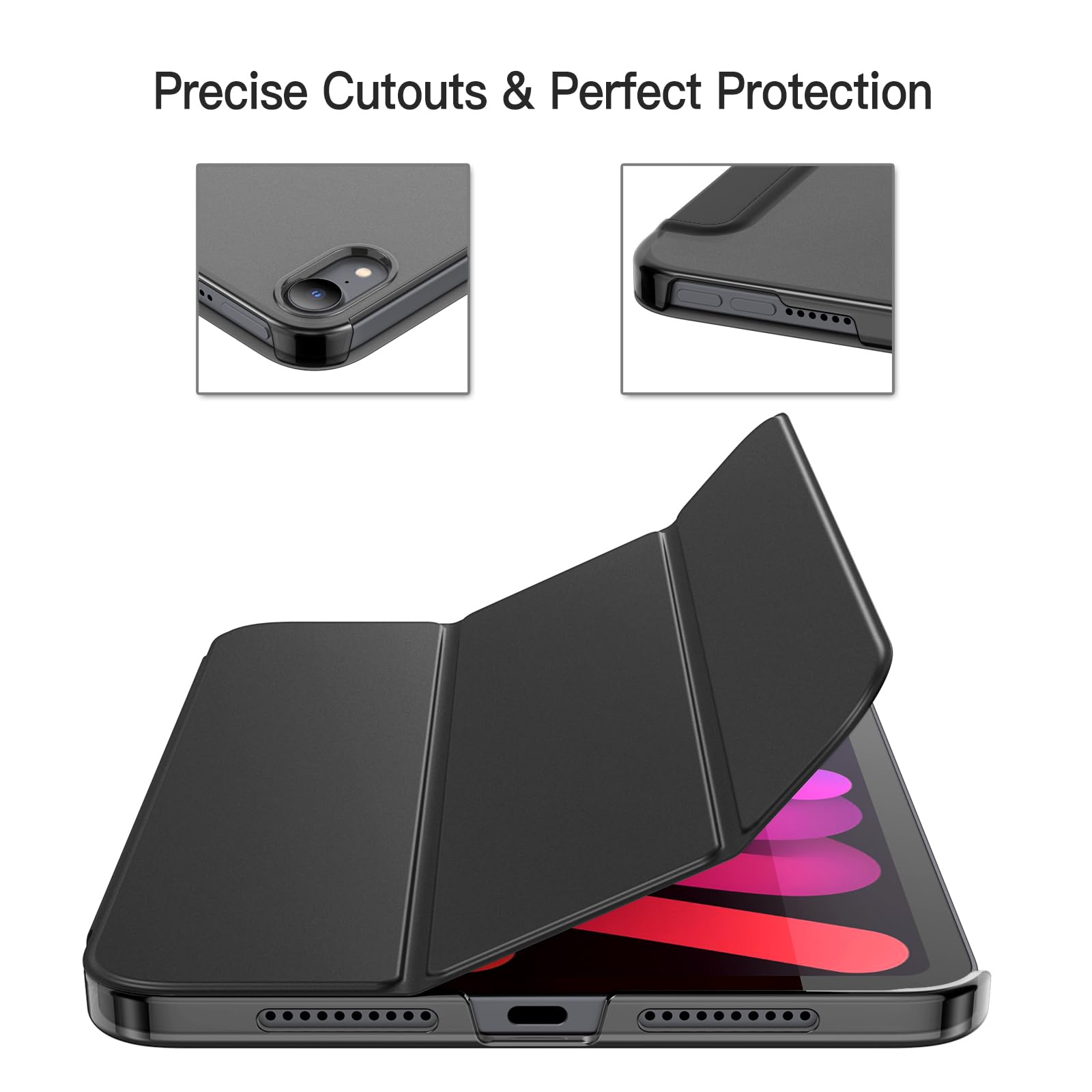 JETech Case for iPad mini (A17 Pro, 2024 Model, 7th Generation) / mini 6 (2021 Model, 6th Generation), Slim Stand Hard Back Shell Smart Cover with Auto Wake/Sleep (Black)