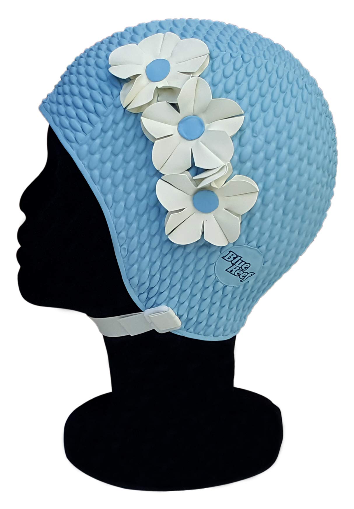 Blue Reef Tunis Bubble Single Colour Floral Ladies Classic Retro 3 Flower 2 Colour Row 3D Petal Stylish Vintage Swimming Hat Swim Cap One Size Adults With Adjustable Strap (Sky Blue)