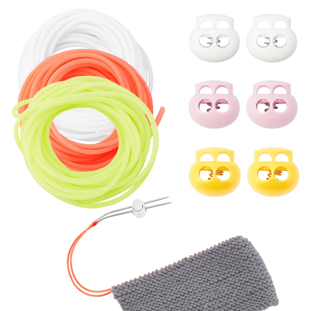 NBEADS 6 Pcs Stitch Stopper Set, 3 Colors Oval 2-Hole Plastic Cord Locks with 3 Bags Round Synthetic Rubber Cord Crochet Supplies Needle Tip Stoppers for Hand Knitting