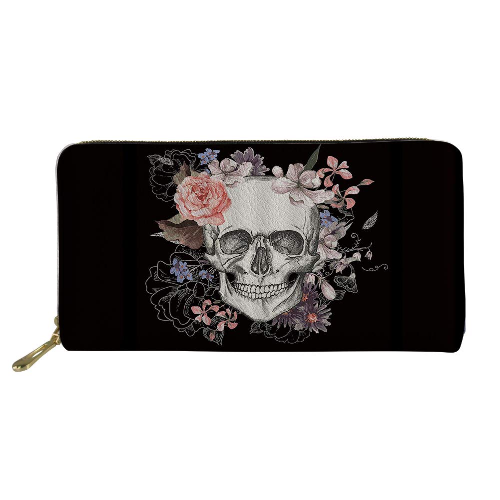 Binienty Floral Sugar Skull Print, Zip Around Print, Leather Slim Wallet, Credit Card Holder Organizer