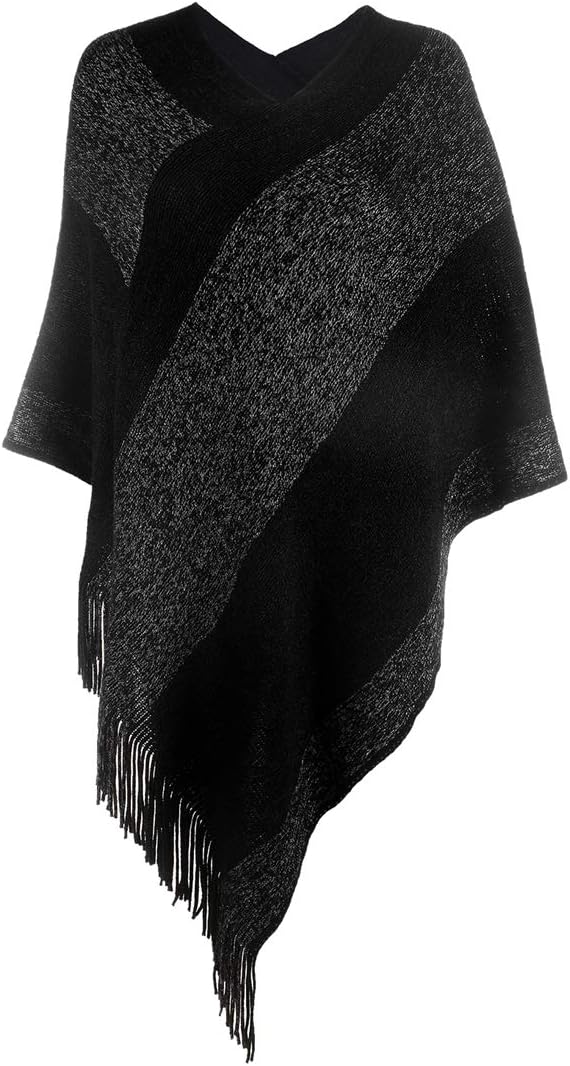 Women's Elegant Knitted Shawl Poncho with Fringed V-Neck Striped Sweater Pullover Cape Gifts for Women Mom