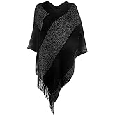 Women's Elegant Knitted Shawl Poncho with Fringed V-Neck Striped Sweater Pullover Cape Gifts for Women Mom