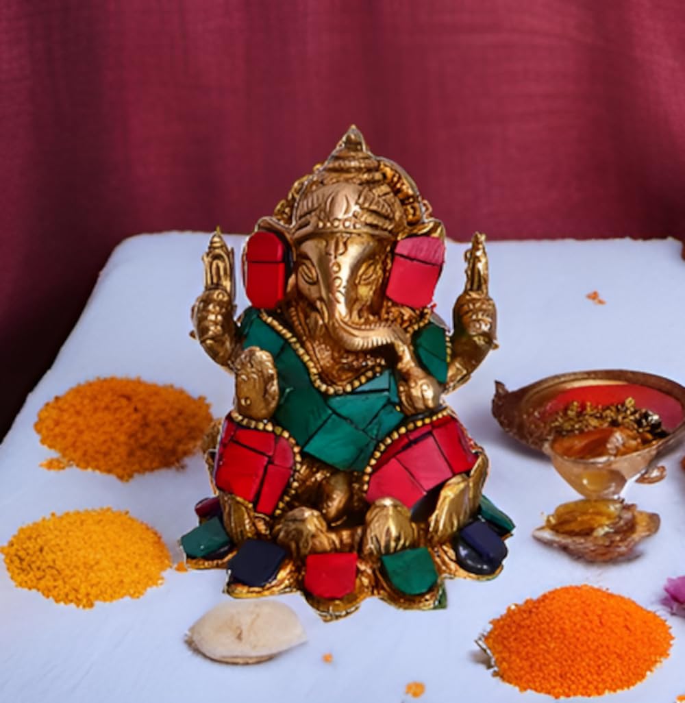 Purpledip Ganesha Statue (Seated on Lotus Flower) in Antique Style: Designed on Brass with Coloured Gemstones (10529)