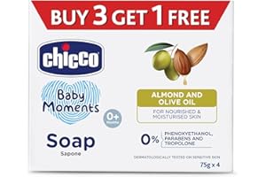 BEAUTY BRATS Chicco Baby Moments Bathing Soap for Babies, 75g, 4 Pack, Almond & Olive Oil, Nourished Skin