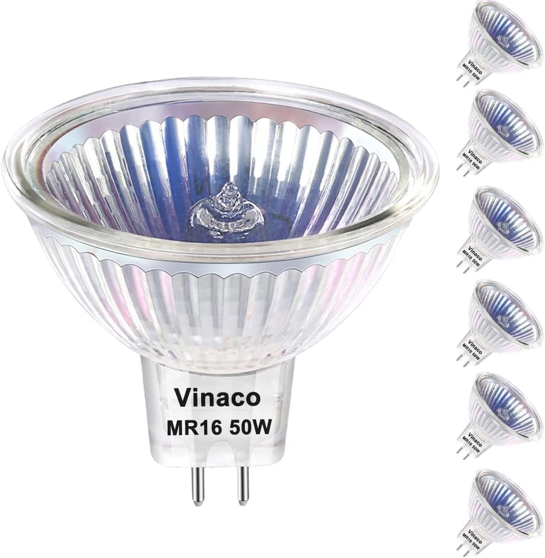 Vinaco MR16 Halogen Light Bulbs 50W 12V, 6 Pack High Output MR16 GU5.3 12V, MR 16 Dimmable Warm White 2800K, Long Lasting 12 Volt 50W Spotlight 38° Beam Angle MR 16 Bulb for Landscape, Track Lights