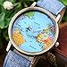 Top Plaza Rotating Airplane World Map Watch Unisex Retro Bronze Case Blue PU Leather Band Quartz Watch